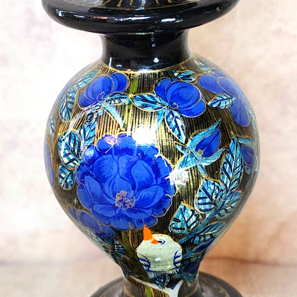 Hand Painted Blue & Gold Floral with White Bird Wooden Candlestick Holder 7.75" - Picture 5 of 10